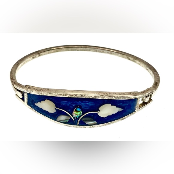 Vintage Signed Alpaca Mexico Silver Blue Enamel Inlaid Abalone MOP Bracelet - Picture 7 of 8